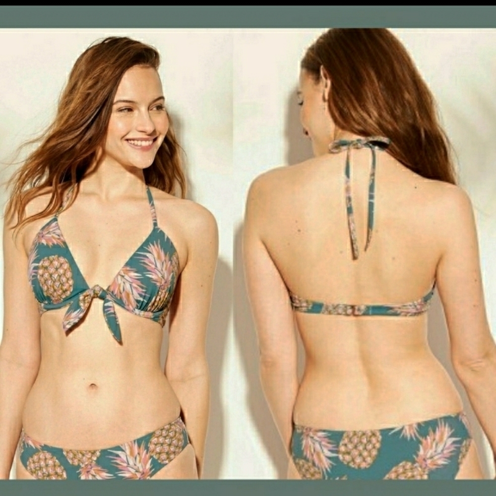 Shade & Shore 34D Pineapple Halter Green Yellow Bikini Top